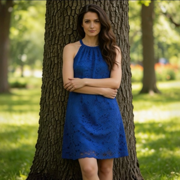Max Studio Dresses & Skirts - MAX STUDIO Cornflower Blue Lace Halter Dress Size X Small